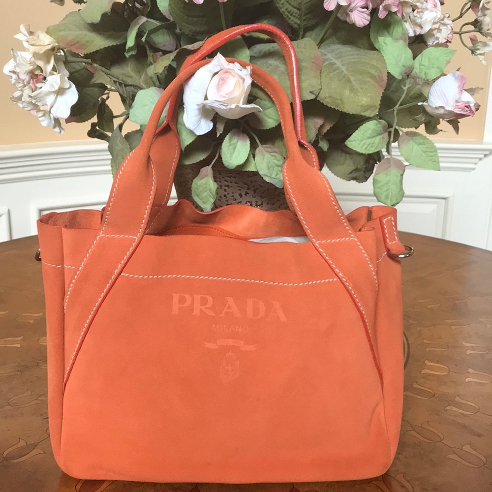 ⭐️Prada Logo Embss Scamosciato Orange Suede Tote⭐️